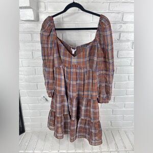 Gianni Bini L Lyla Maple Plaid Sweetheart Square Neck A-Line Tiered Dress